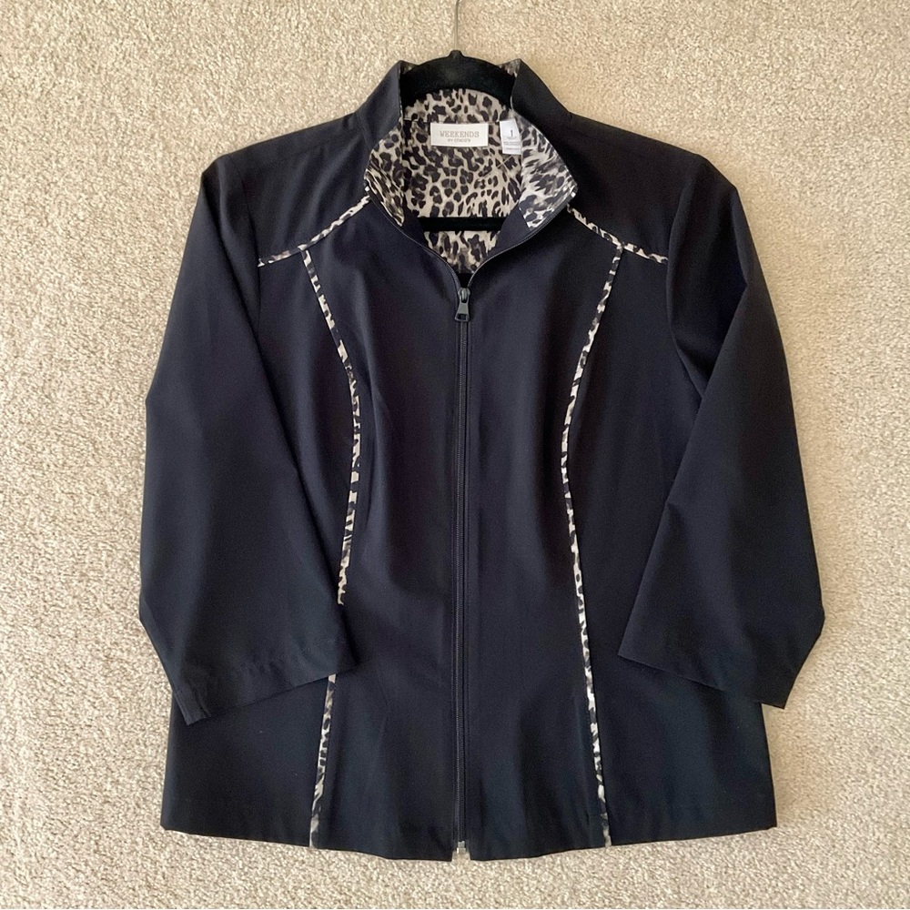 NWOT Chico’s Black Zip-Front Jacket Leopard Trim